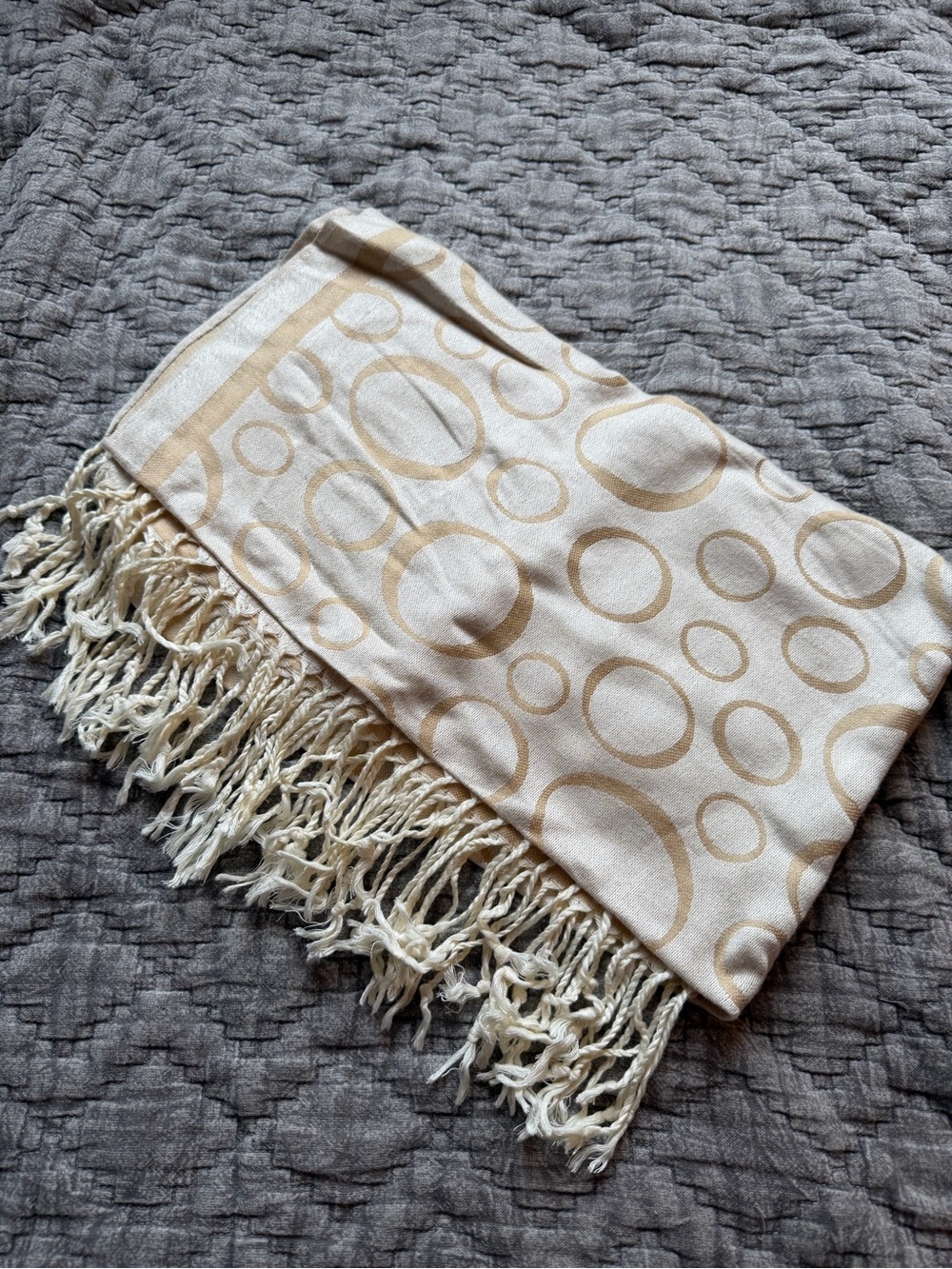 Cream and Beige Circle-Pattern Fringe Wrap Scarf - Elegant Everyday Accessory